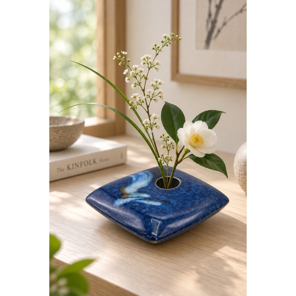 Art Pottery Ikebana Vase Flower Frog Dark Blue Japanese Style Decor